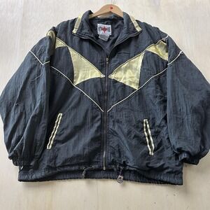 Vintage 80s Active Frontier Jacket Mens Large Black Gold Colorblock Windbreaker